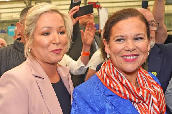 Sinn Fein leader Mary Lou McDonald and Michelle O'Neill (left) arrive at the Northern Ireland Assembly Election. Picture, Niall Carson/PA Wire
