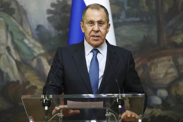 Russian Foreign Minister Sergey Lavrov reads a statement after he leads talks of Armenia and Azerbaijan foreign ministers in Moscow. Picture: AP