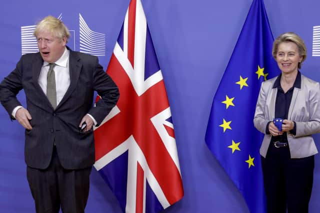 European Commission President Ursula von der Leyen welcomes Boris Johnson prior to the meeting at EU headquarters in Brussels this week.