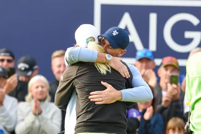 Anna Nordqvist embraces her husband Kevin McAlpine on the 18th green at Carnoustie after winning the AIG Women's Open. Picture: Ian Rutherford/PA Wire.
