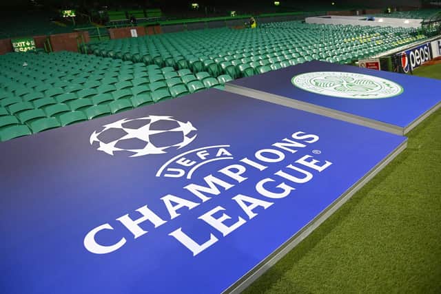 Champions League branding at Celtic Park ahead of a group stage match against Atletico Madrid in October. (Photo by Rob Casey / SNS Group)