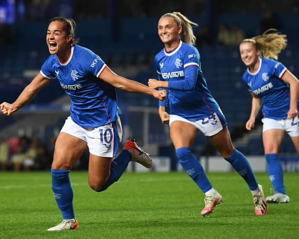 Rangers' Kayla McCoy celebrates making it 1-0 over Benfica at Ibrox.  (Photo by Craig Foy / SNS Group)