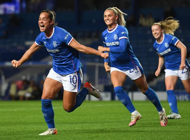 Rangers' Kayla McCoy celebrates making it 1-0 over Benfica at Ibrox.  (Photo by Craig Foy / SNS Group)