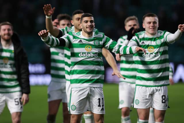 Liel Abada leads the Celtic celebrations after the win over Dundee United.