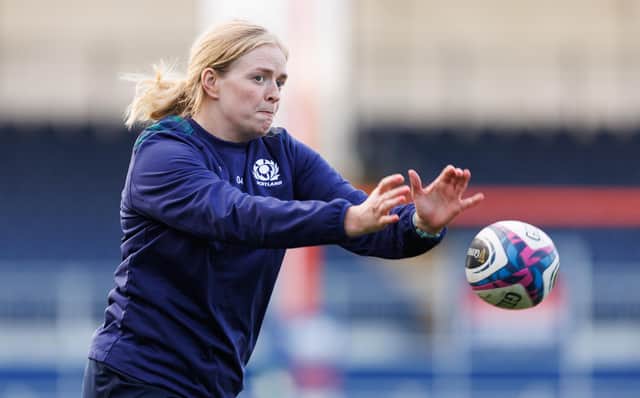 Sarah Bonar during a Scotland training session at the Hive Stadium ahead of the start of the Women's Six Nations. (Photo by Ross Parker / SNS Group)