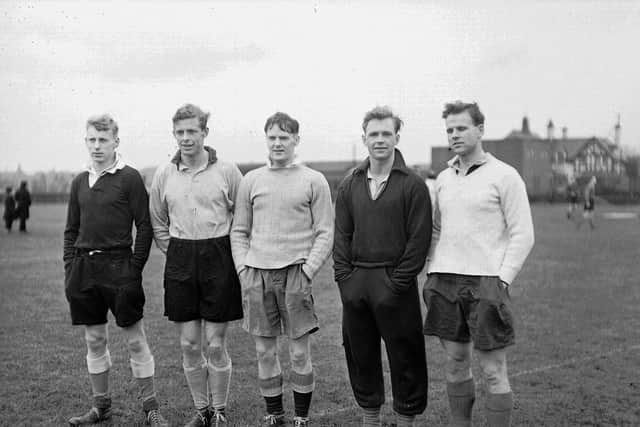 Scotland players after practice at Craiglockhart. From left, Ken Scotland, Arthur Smith, Eddie McKeating, Keith MacDonald and Ian Swan.