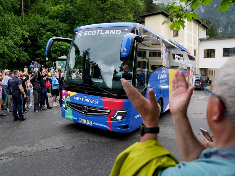 The Scotland team coach departs Bayernhalle in Garmisch-Partenkirchen, Germany, following a reception hosted by the mayor.