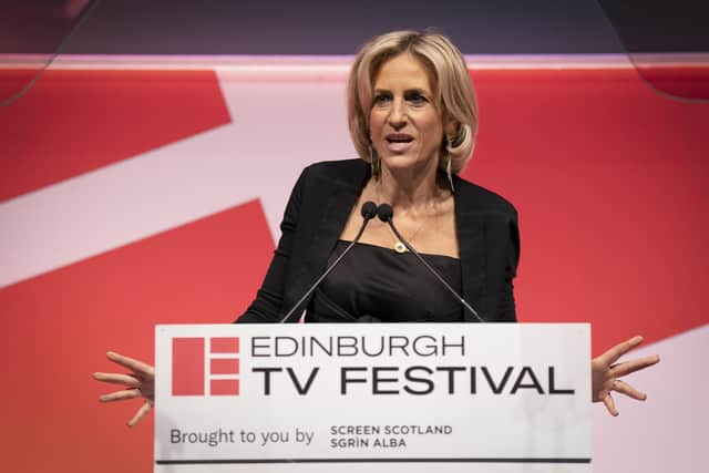 Journalist Emily Maitlis rehearsing ahead of delivering the 2022 MacTaggart Lecture in The Lennox at the EICC at the Edinburgh TV Festival. Maitlis has said a BBC board member is an “active agent of the Conservative party” who is shaping the broadcaster’s news output