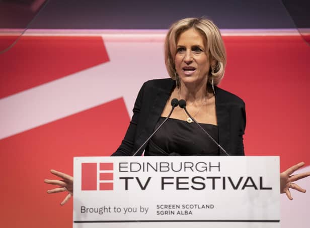 Journalist Emily Maitlis rehearsing ahead of delivering the 2022 MacTaggart Lecture in The Lennox at the EICC at the Edinburgh TV Festival. Maitlis has said a BBC board member is an “active agent of the Conservative party” who is shaping the broadcaster’s news output