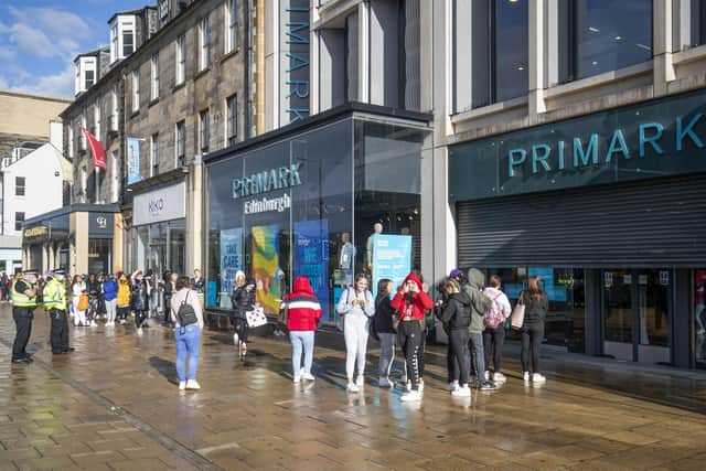 People queue outside the flagship Scottish Primark store on Princes Street in Edinburgh after it reopened following the initial spring 2020 lockdown. Picture: Jane Barlow/PA Wire