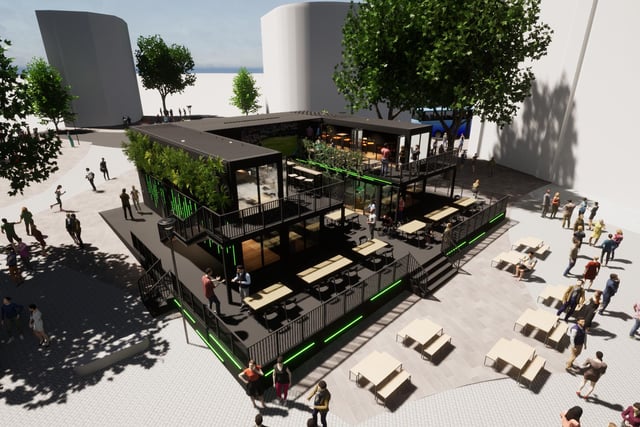 Artist's impression of plans to build a 'box' of cafes, shops and toilets on Fargate in Sheffield city centre near the Town Hall. Sheffield Council and Steel Yard are collaborating on the plans and aim to have it open later this year in 2022. Credit: ADD Architects.