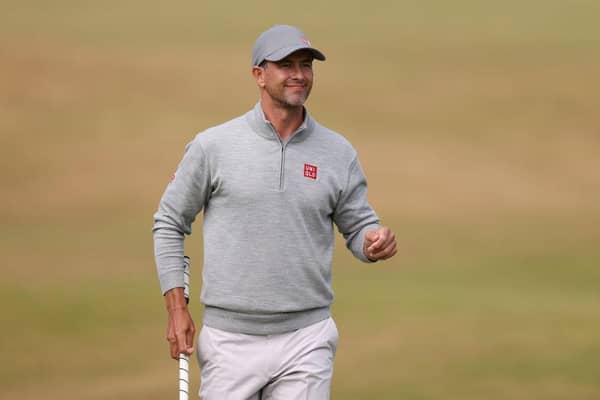 Adam Scott acknowledges the crowd on the 18th green during day two of the 150th Open at St Andrews. Picture: Harry How/Getty Images.