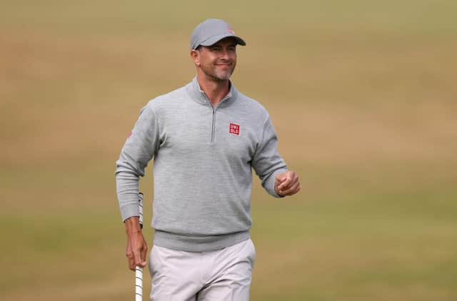 Adam Scott acknowledges the crowd on the 18th green during day two of the 150th Open at St Andrews. Picture: Harry How/Getty Images.
