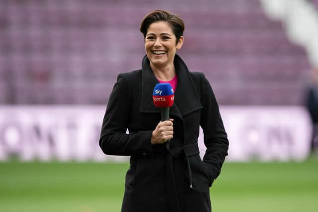 Sky Sports presenter Eilidh Barbour during a cinch Premiership match between Hearts and Rangers at Tynecastle Park, on October 01, 2022, in Edinburgh, Scotland. (Photo by Paul Devlin / SNS Group)