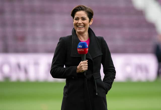 Sky Sports presenter Eilidh Barbour during a cinch Premiership match between Hearts and Rangers at Tynecastle Park, on October 01, 2022, in Edinburgh, Scotland. (Photo by Paul Devlin / SNS Group)