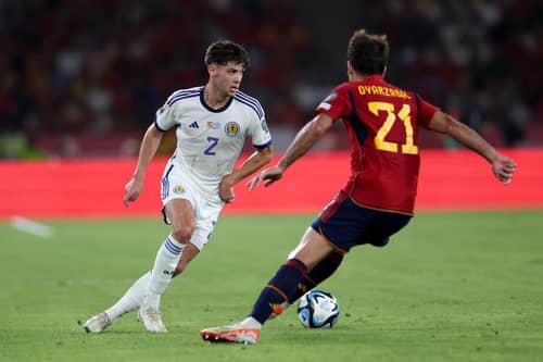 Scotland's Aaron Hickey in action during the Euro 2024 qualifying match against Spain in Seville in October.