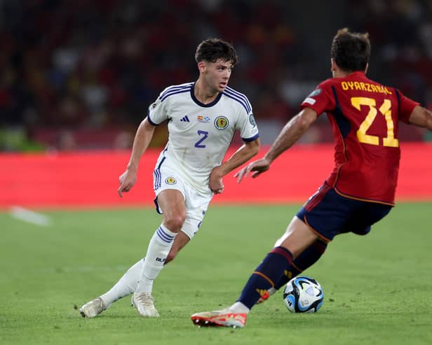 Scotland's Aaron Hickey in action during the Euro 2024 qualifying match against Spain in Seville in October.
