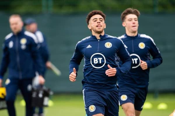 Striker Che Adams leading the way during a Scotland training session at Oriam in Edinburgh ahead of Wednesday night's World Cup play-off semi-final against Ukraine at Hampden.  (Photo by Paul Devlin / SNS Group)