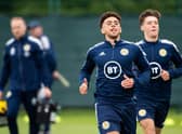 Striker Che Adams leading the way during a Scotland training session at Oriam in Edinburgh ahead of Wednesday night's World Cup play-off semi-final against Ukraine at Hampden.  (Photo by Paul Devlin / SNS Group)