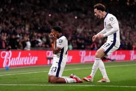 Myles Lewis-Skelly celebrates scoring England's first goal under Thomas Tuchel (Image:: Bradley Collyer/PA Wire)