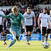 Celtic's Kyogo Furuhashi scores a penalty to make it 1-0 during a pre-season friendly match against Ayr United at Somerset Park. (Photo by Craig Foy / SNS Group)