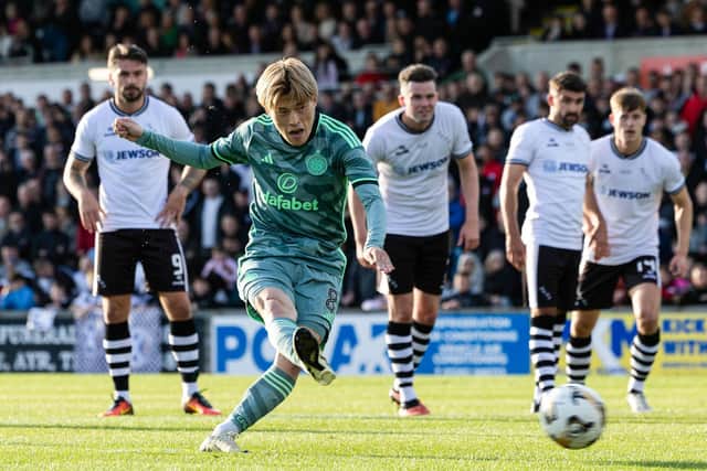 Celtic's Kyogo Furuhashi scores a penalty to make it 1-0 during a pre-season friendly match against Ayr United at Somerset Park. (Photo by Craig Foy / SNS Group)
