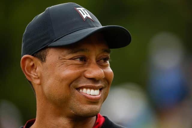 Tournament host Tiger Woods during the trophy ceremony after the final round of The Genesis Invitational at Riviera Country Club in Los Angeles last month. Picture: Cliff Hawkins/Getty Images.