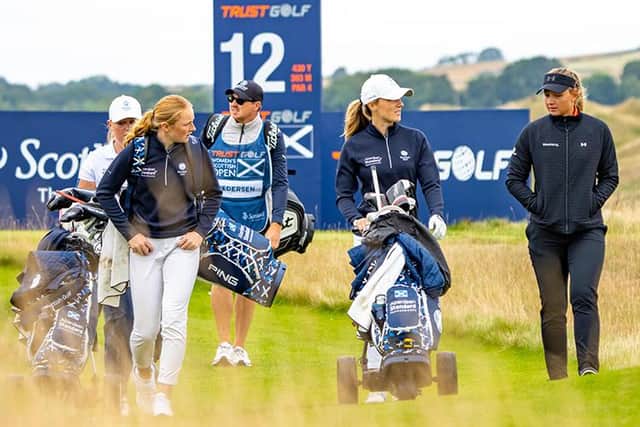 Louise Duncan, left, chats to Dane Emily Kristine Pedersen during last week's Trust Golf Women's Scottish Open at Dumbarnie Links. Picture: Scottish Golf