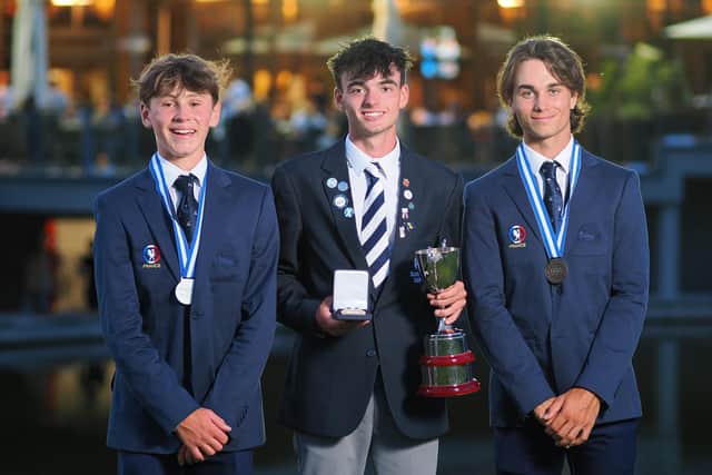 Aidan Lawson, centre, shows off the trophy after winning the European Young Masters in Slovakia. Picture: European Golf Association