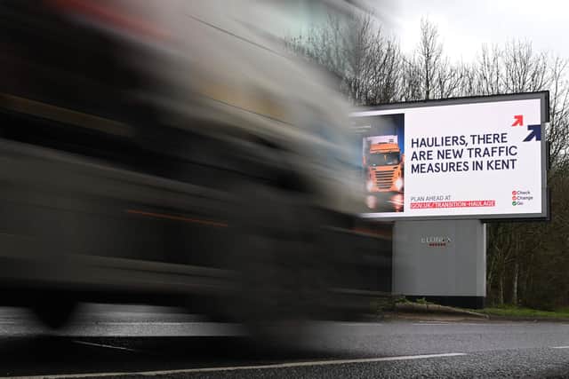 A picture shows an electronic billboard warning hauliers of the new documentation required to travel through Kent for access to the Port of Dover or Eurotunnel since Britain left the EU single market and customs union. Picture: Daniel Leal-Olivas/AFP via Getty Images