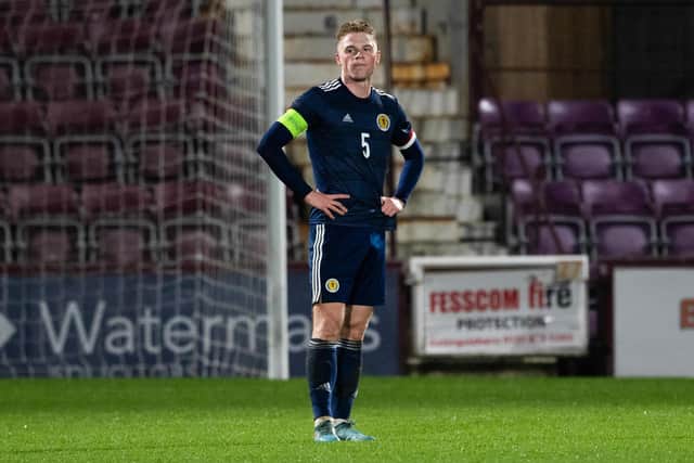 Stephen Welsh cuts a dejected figure during Scotland Under-21s defeat to Turkey. (Photo by Craig Foy / SNS Group)