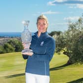 Suzann Pettersen pictured with the Solheim Cup at Finca Cortesin in Spain, where the 2023 match will be held. Picture: Tristan Jones