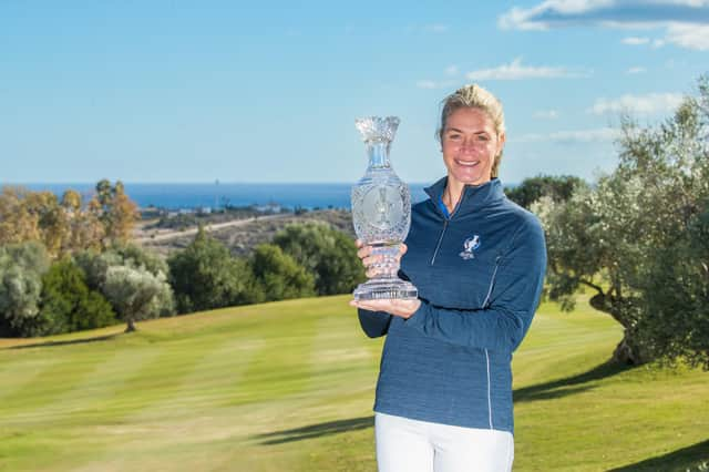 Suzann Pettersen pictured with the Solheim Cup at Finca Cortesin in Spain, where the 2023 match will be held. Picture: Tristan Jones