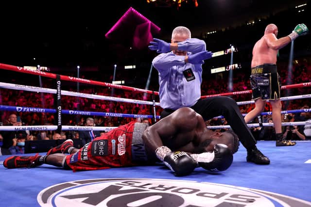 Referee Russell Mora calls the fight after Tyson Fury knocked out Deontay Wilder in the 11th round. (Photo by Al Bello/Getty Images)