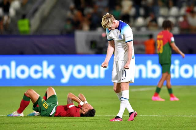 Anthony Gordon of England celebrates victory over Portugal in the UEFA Under-21 Euro 2023 quarter-finals. (Photo by Levan Verdzeuli/Getty Images)