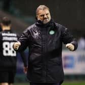 Celtic manager Ange Postecoglou celebrates at full time after the 3-1 win over Hibs at Easter Road. (Photo by Craig Williamson / SNS Group)