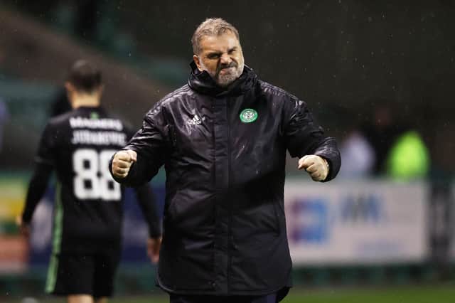 Celtic manager Ange Postecoglou celebrates at full time after the 3-1 win over Hibs at Easter Road. (Photo by Craig Williamson / SNS Group)