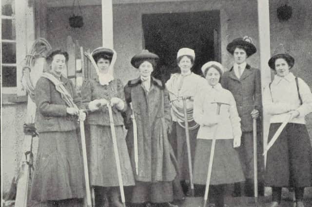 Jane Inglis Clark of Edinburgh (pictured holding ropes) , a founding member of the Ladies' Scottish Climbing Club. Members are pictured ahead of a New Year outing in 1909.