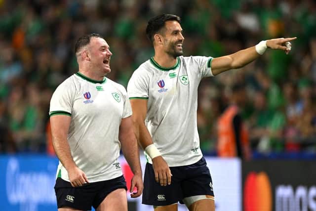 Conor Murray and Dave Kilcoyne of Ireland walk the pitch following the Rugby World Cup win over Tonga at Stade de la Beaujoire on September 16. (Photo by Mike Hewitt/Getty Images)