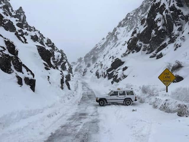 Emergency services rescued a driver left stranded on the road leading into California's Death Valley National Park as the west coast of the US is hit with unprecedented levels of snowfall. Picture: AP