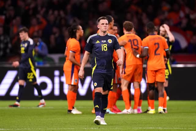 Scotland's Lawrence Shankland reacts after Netherlands' Tijjani Reijnders scores their side's first goal.
