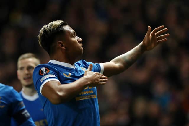 GLASGOW, SCOTLAND - MARCH 10: Alfredo Morelos of Rangers celebrates after scoring their team's second goal during the UEFA Europa League Round of 16 Leg One match between Rangers FC and Crvena Zvezda at Ibrox Stadium on March 10, 2022 in Glasgow, Scotland. (Photo by Ian MacNicol/Getty Images)