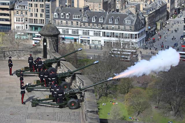 Members of the 105th Regiment Royal Artillery fire a 41-round gun salute at Edinburgh Castle, to mark the death of the Duke of Edinburgh.