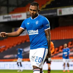 Rangers striker Alfredo Morelos cuts a frustrated figure during the match at Tannadice. Picture: SNS