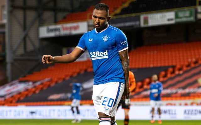 Rangers striker Alfredo Morelos cuts a frustrated figure during the match at Tannadice. Picture: SNS