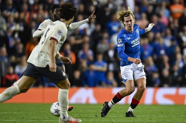 Todd Cantwell in action in Rangers' Champions League play-off against PSV Eindhoven on Tuesday night at Ibrox. He visits Ross County's Global Energy stadium for the first time on Saturday   (Photo by Rob Casey / SNS Group)