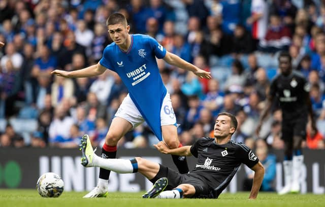 Rangers youngster Bailey Rice is pulled down by Hamburg's László Bénes during a pre-season friendly at Ibrox in July. (Photo by Alan Harvey / SNS Group)