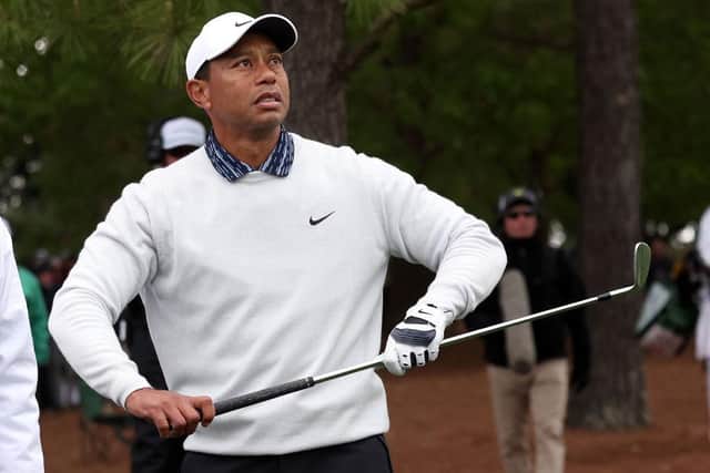 Tiger Woods follows his shot on the ninth hole during the third round of the Masters at Augusta National Golf Club. Picture: Gregory Shamus/Getty Images.