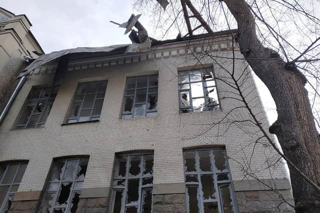 Korolenko Chernihiv Regional Universal Scientific Library is seen damaged by night shelling in Chernihiv, Ukraine, Wednesday, March 30, 2022. Ukrainian officials say Russian forces pounded areas around Kyiv and another Ukrainian city overnight. The attacks come hours after Moscow pledged to scale back military operations in those places. (AP Photo/Vladislav Savenok)