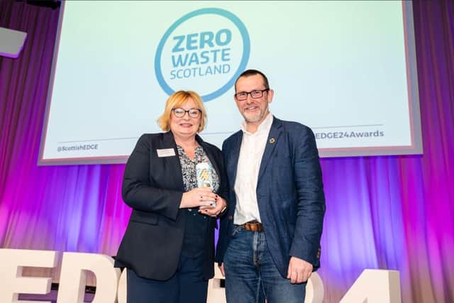 Elaine Galston, CEO of The Bettii Pod at Scottish Edge alonside Iain Gulland, CEO of Zero Waste Scotland